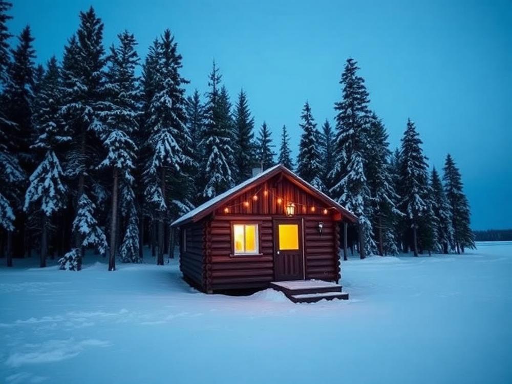 Small wooden cabin beside a frozen lake near Inari at dawn